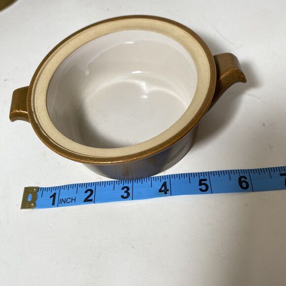 6 Vintage Mustard Brown Stoneware French Onion Soup Crocks Bowls Handles & Lids - Picture 7 of 8